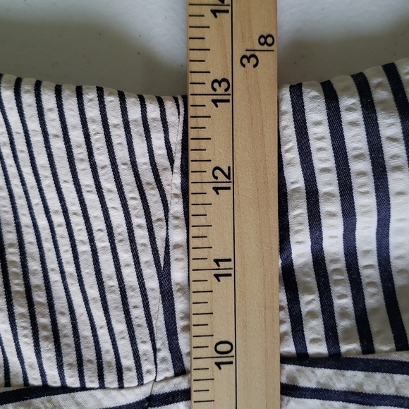 Eclair Mini Sundress XS Navy Blue Cream Ivory Striped Seersucker Pockets Straps - Picture 8 of 15